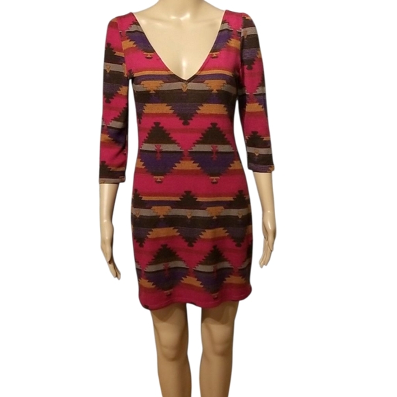 Anthropologie Everly Aztec Knit Bodycon Dress / Sz S / Red, purple - Picture 3 of 17